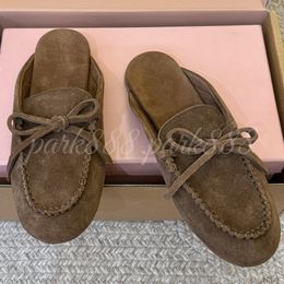 Bow Detail Suede Open Back Mules, Slip-On Loafer Slides for Office and Daily Use