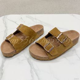 (Order by pic in opt, not by desc) Two Buckle Strap Slide Sandals, Cork Footbed Slip On Slippers with Adjustable Buckle for Summer & Casual Wear
