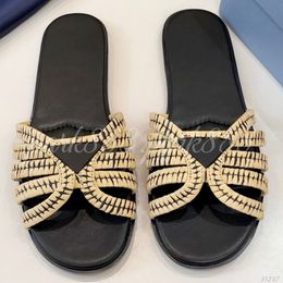 (Order by pic in opt, not by desc) Woven Raffia Flat Slide Sandals, Open Toe Slip On Summer Slippers for Beach & Casual Wear