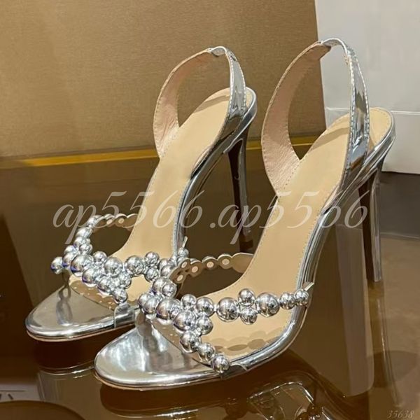 (Order by pic in opt, not by desc) Metallic Beaded Stiletto Heel Sandals, Ankle Strap Open Heeled Shoes for Party & Evening Wear