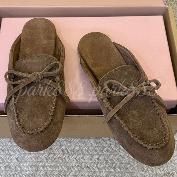 Bow Detail Suede Open Back Mules, Slip-On Loafer Slides for Office and Daily Use