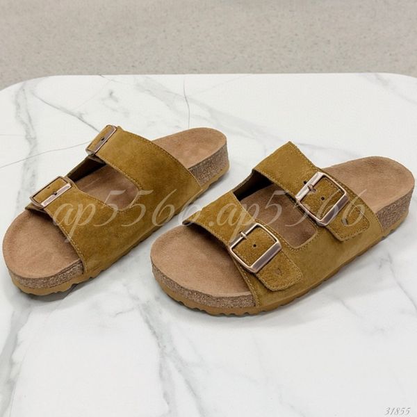 (Order by pic in opt, not by desc) Two Buckle Strap Slide Sandals, Cork Footbed Slip On Slippers with Adjustable Buckle for Summer & Casual Wear